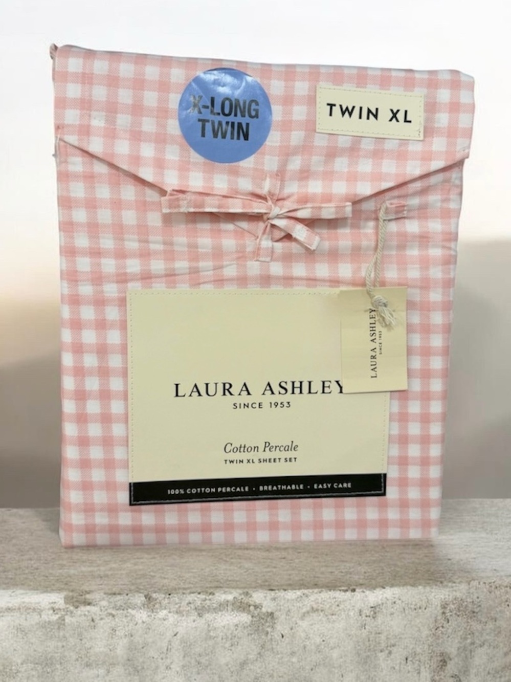 Laura Ashley Pink Gracies Gingham Cotton Percale Twin XL Sheet Set - Soft Pink